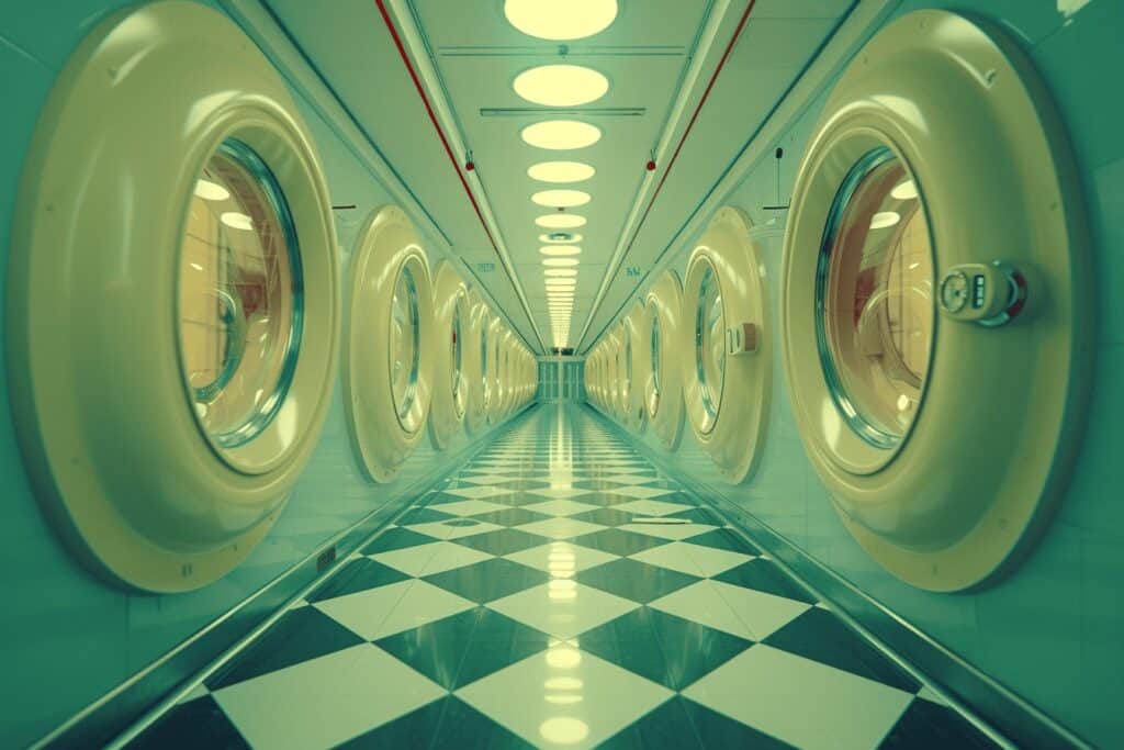 A checkered floor in a laundry room.