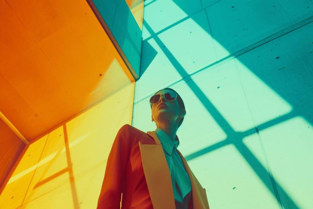 A woman is standing in front of a colorful building.