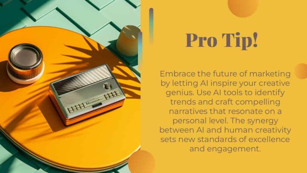 A radio on a table with the words pro tip embrace the future of marketing creativity by using AI Marketing.