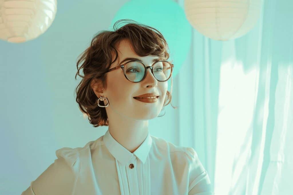 A woman in glasses is sitting in front of a window considering ai marketing automation.