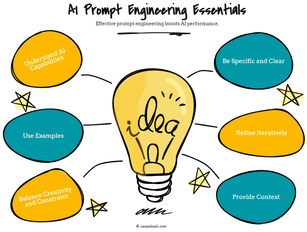 An illustrative diagram depicting the essentials of ai prompt engineering, with a central light bulb graphic symbolizing an idea, surrounded by various colored shapes with key phrases such as "understand capabilities," .