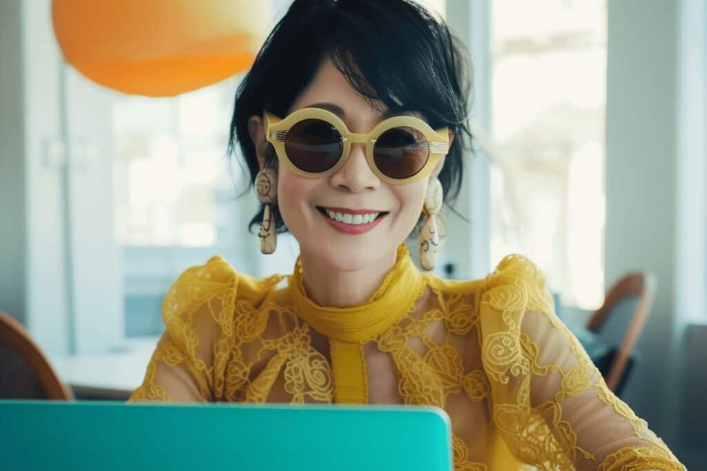 A woman wearing sunglasses is using a laptop to design AI-Personalized Lead Magnets.