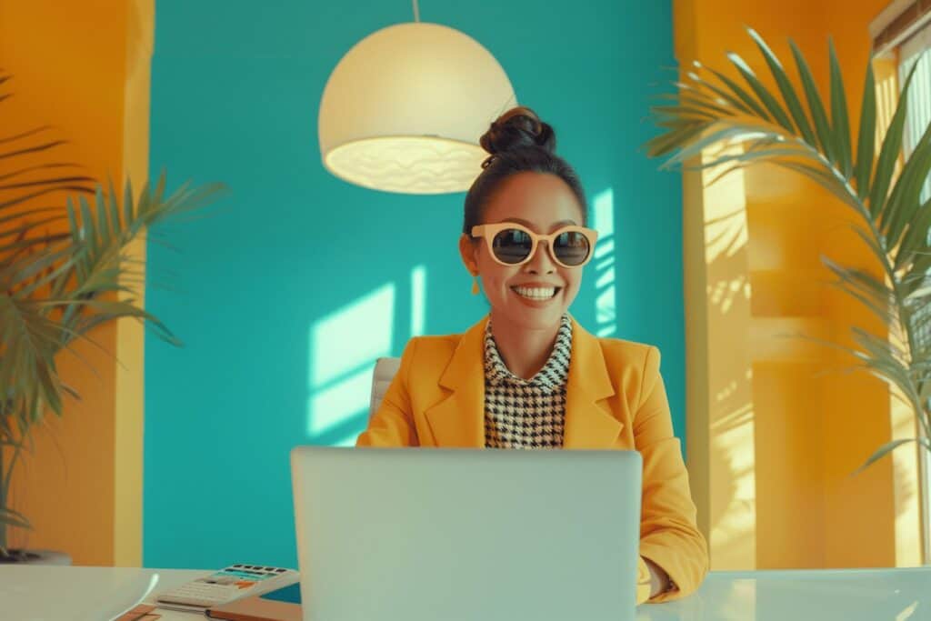 A woman wearing sunglasses is sitting at a desk with a laptop focusing on AI-Personalized Lead Magnets.