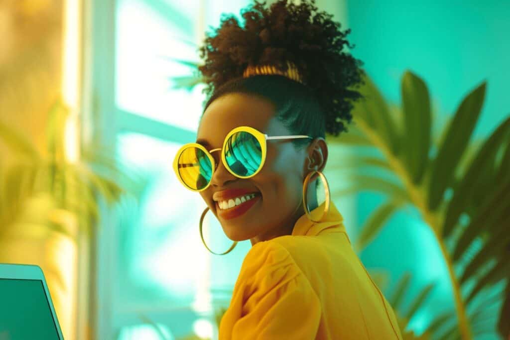 A woman wearing sunglasses and a hat is sitting at a desk with a laptop, creating AI-Personalized Lead Magnets.