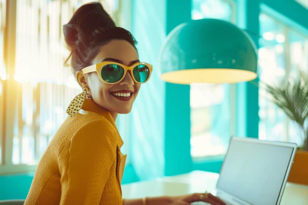 A woman wearing sunglasses sitting in front of a laptop, working on AI-personalized lead magnets.