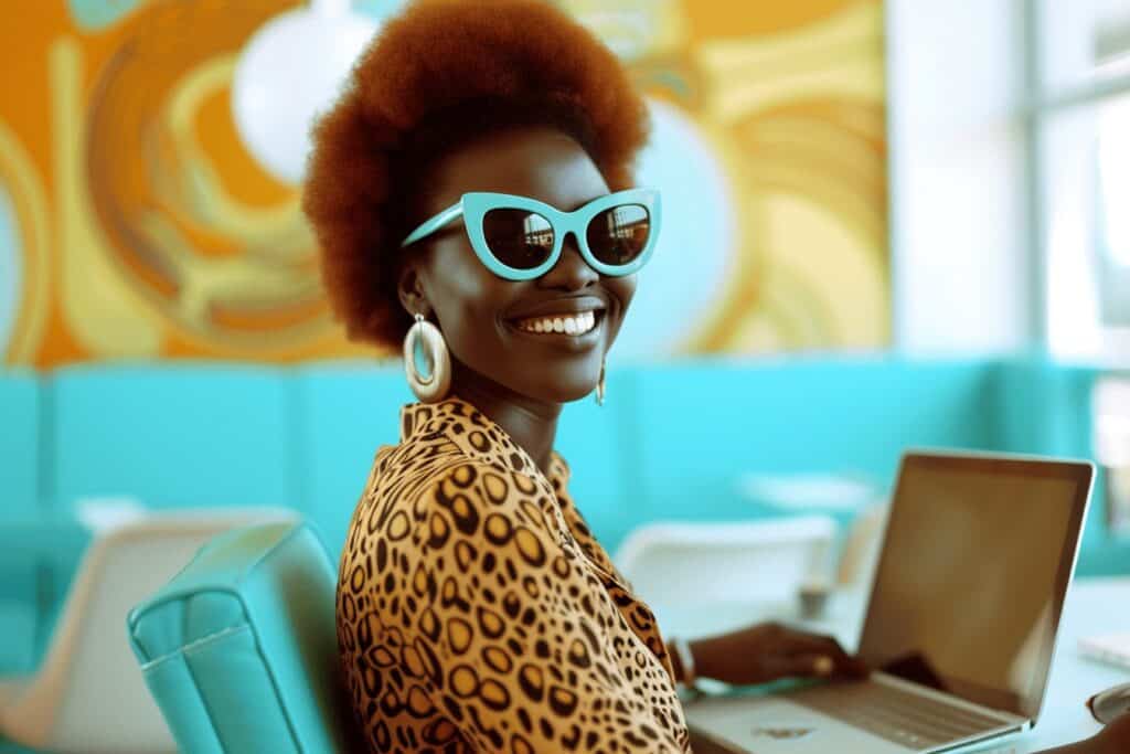A woman wearing sunglasses and a leopard print shirt is sitting at a desk with a laptop, creating AI-Personalized Lead Magnets.