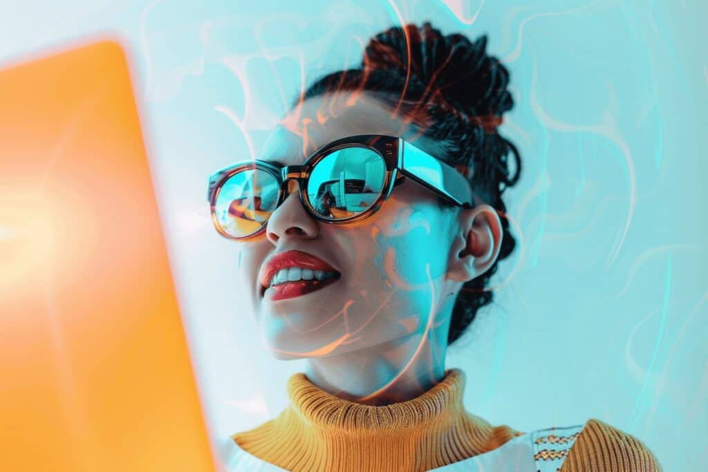 A woman wearing glasses looks at a bright screen, with reflections casting colorful patterns on her face.