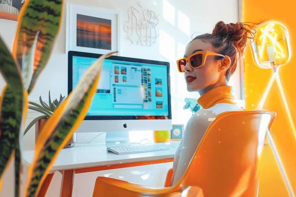 A woman wearing yellow-tinted sunglasses sits in front of a computer, exploring AI Content Creation techniques, in a brightly-lit room with orange neon lights and houseplants.