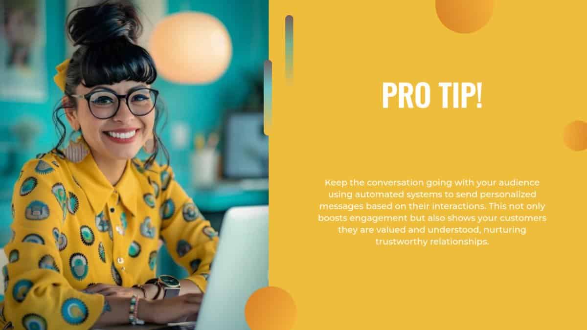 Smiling woman with glasses and yellow blouse working on a computer next to a graphic with text about customer engagement tips.