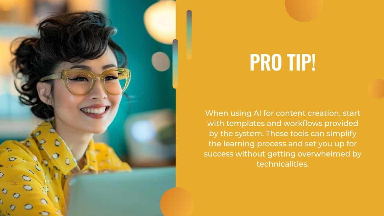 Young asian woman wearing glasses and a yellow blouse, smiling while looking at a laptop screen, with text about automated content creation with AI on the right side.