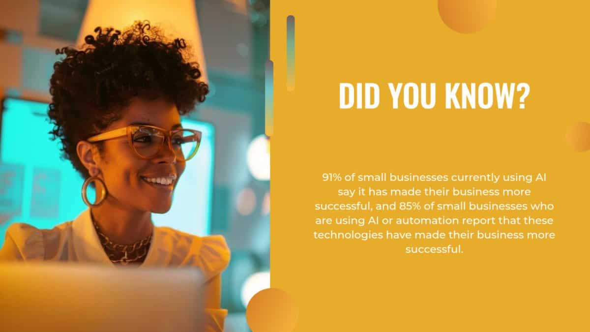 A young woman with glasses smiles while reading an infographic on a screen about ai benefits in small businesses, colored in warm tones.