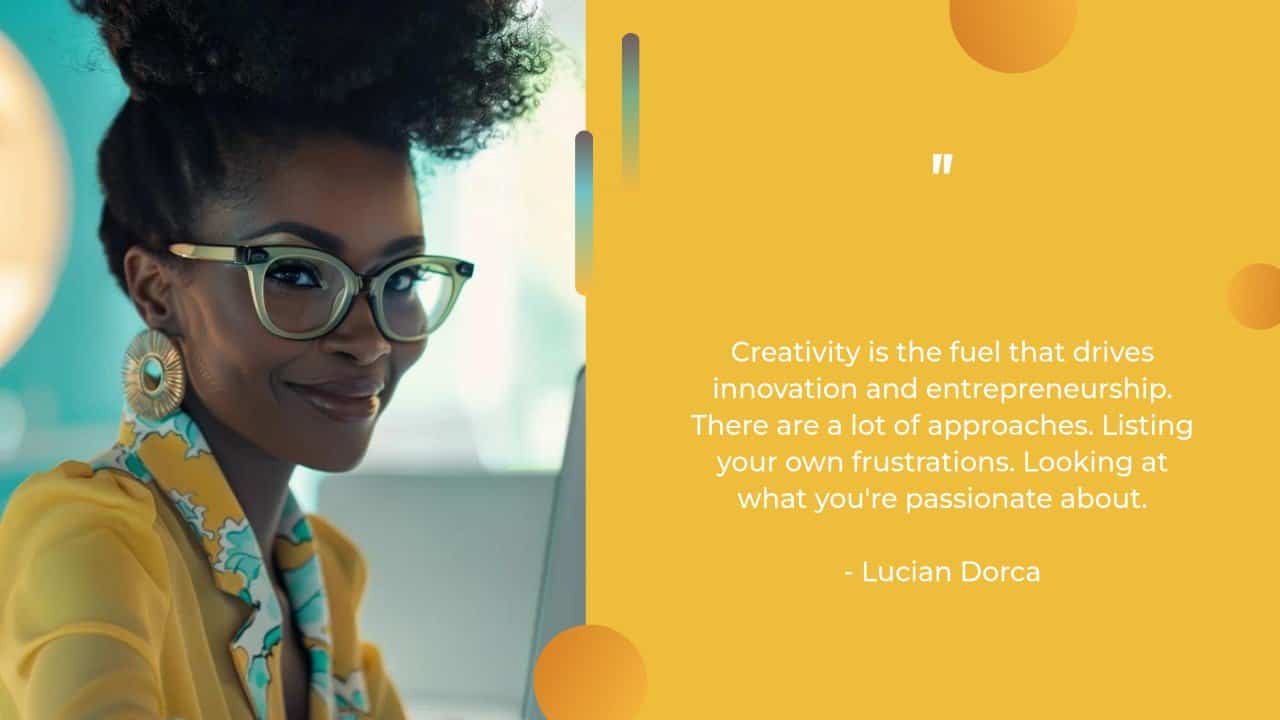 
The image features a stylish African American woman with a sophisticated updo hairstyle, wearing elegant clear-framed glasses and large circular earrings. She sports a bright yellow jacket with a floral collar, enhancing her chic and modern look. The background is softly blurred, highlighting a contemporary office setting. The text overlay presents a quote about creativity and entrepreneurship by Lucian Dorca. Keywords for this image could include: AI solutions, creative professional, stylish entrepreneur, modern office, and innovative business strategies.