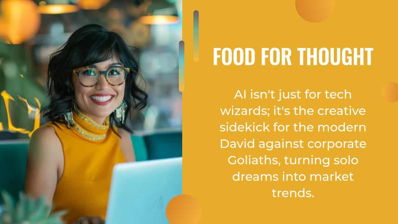 The image portrays a joyful woman with a wide smile, wearing yellow round glasses and a matching yellow sleeveless turtleneck. Her black hair is styled in a playful, curly bob. She sits at a laptop in a vibrant cafe setting, illuminated by warm ambient lighting. The text overlay on the image reads: "FOOD FOR THOUGHT. AI isn't just for tech wizards; it's the creative sidekick for the modern David against corporate Goliaths, turning solo dreams into market trends." Keywords for this image could include: AI solutions, creative business, modern entrepreneur, stylish professional, and cafe workspace