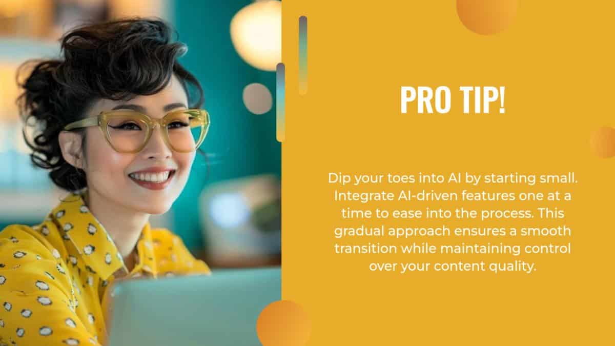 A smiling woman with glasses using a laptop, with text about integrating ai gradually in content management next to her.