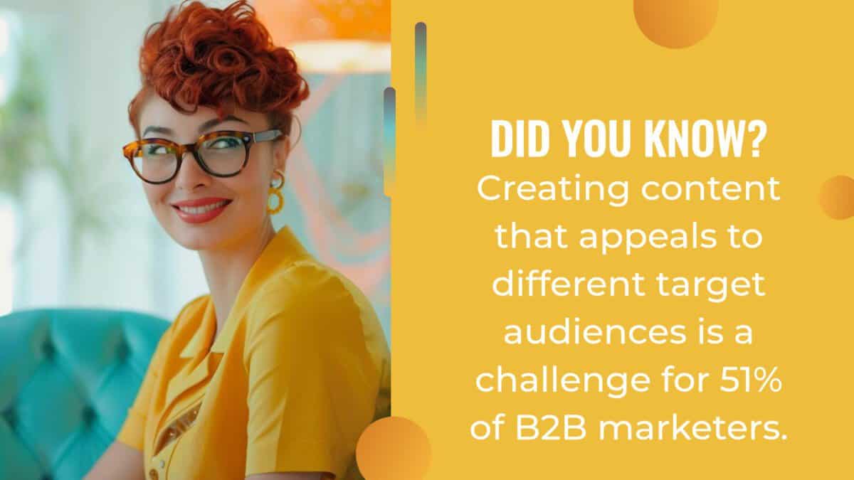 Woman with red hair wearing glasses and a yellow blouse smiles at the camera, next to text about automated content creation with AI in b2b marketing challenges.