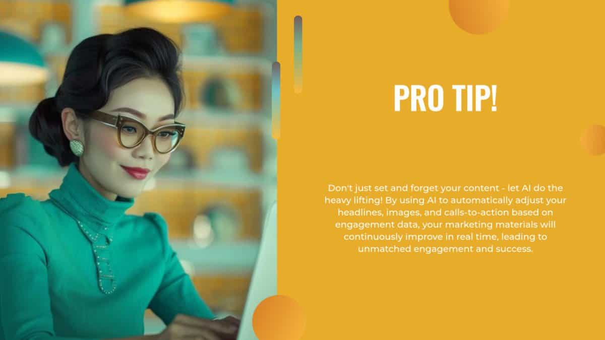 A stylish woman in glasses and a teal outfit reading a digital tablet, with a "pro tip!" graphic about ai marketing on the right.