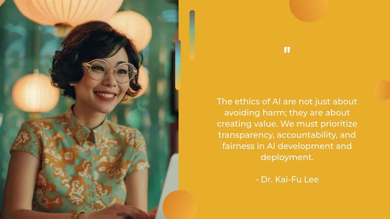 A person wearing glasses and a floral shirt smiles while using a laptop. A quote about AI ethics by Dr. Kai-Fu Lee is displayed on the right, emphasizing transparency, accountability, and fairness in ai marketing automation.