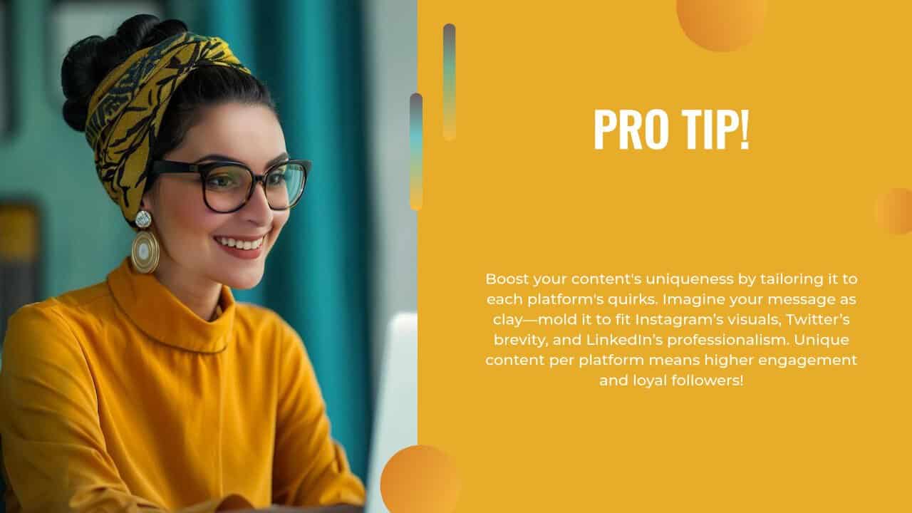 A person wearing glasses and a headwrap smiles at a laptop. The yellow slide next to them reads: "Pro Tip! Boost your content's uniqueness by tailoring it to each platform's quirks..."—a hallmark strategy often recommended by top content marketing agencies.