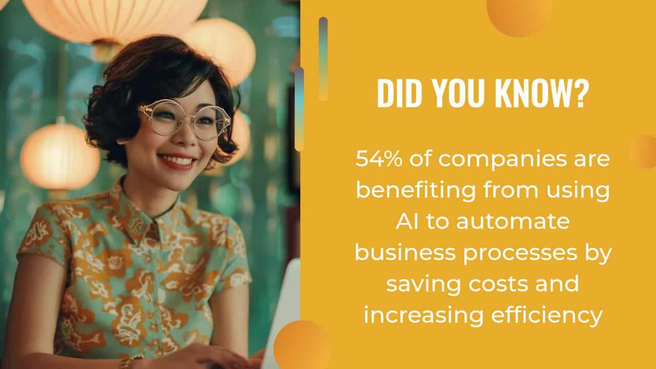 Woman smiling at her laptop on the left, with a yellow background on the right containing text that states 54% of companies are benefiting from AI to cut costs and boost efficiency. Perfect for a content marketing agency aiming to leverage AI for their clients' success.