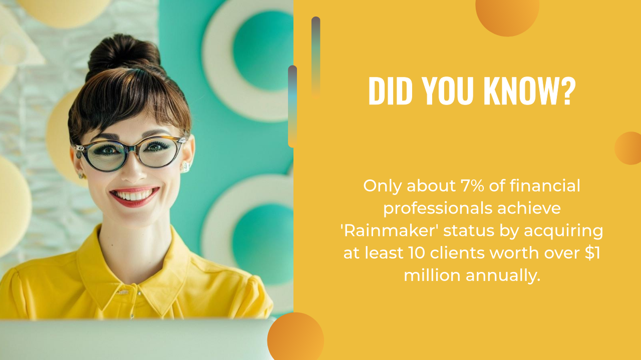 A woman with glasses smiles at a desk beside text about financial professionals: "Only about 7% achieve 'Rainmaker' status by acquiring 10 clients worth over $1 million annually, showcasing successful lead generation for consultants.