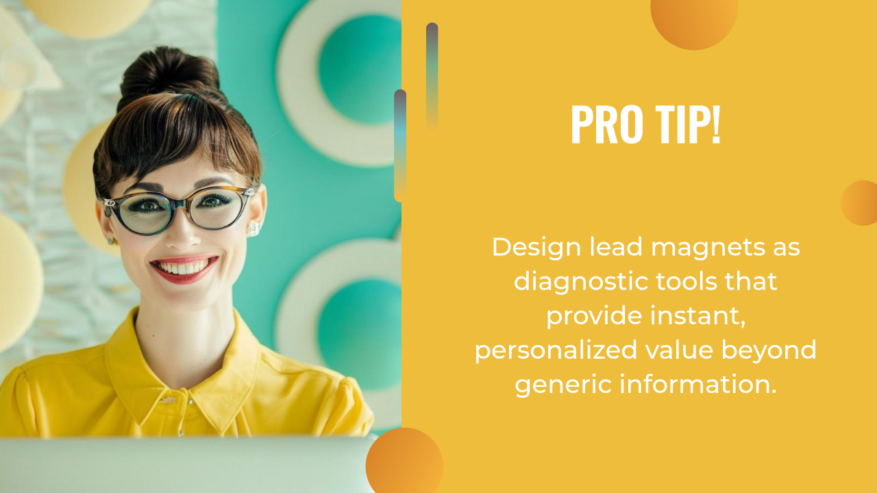 Woman with glasses and a bun smiling at a laptop, next to a yellow panel offering a pro tip about using personalized lead magnet strategies as diagnostic tools for tailored value.