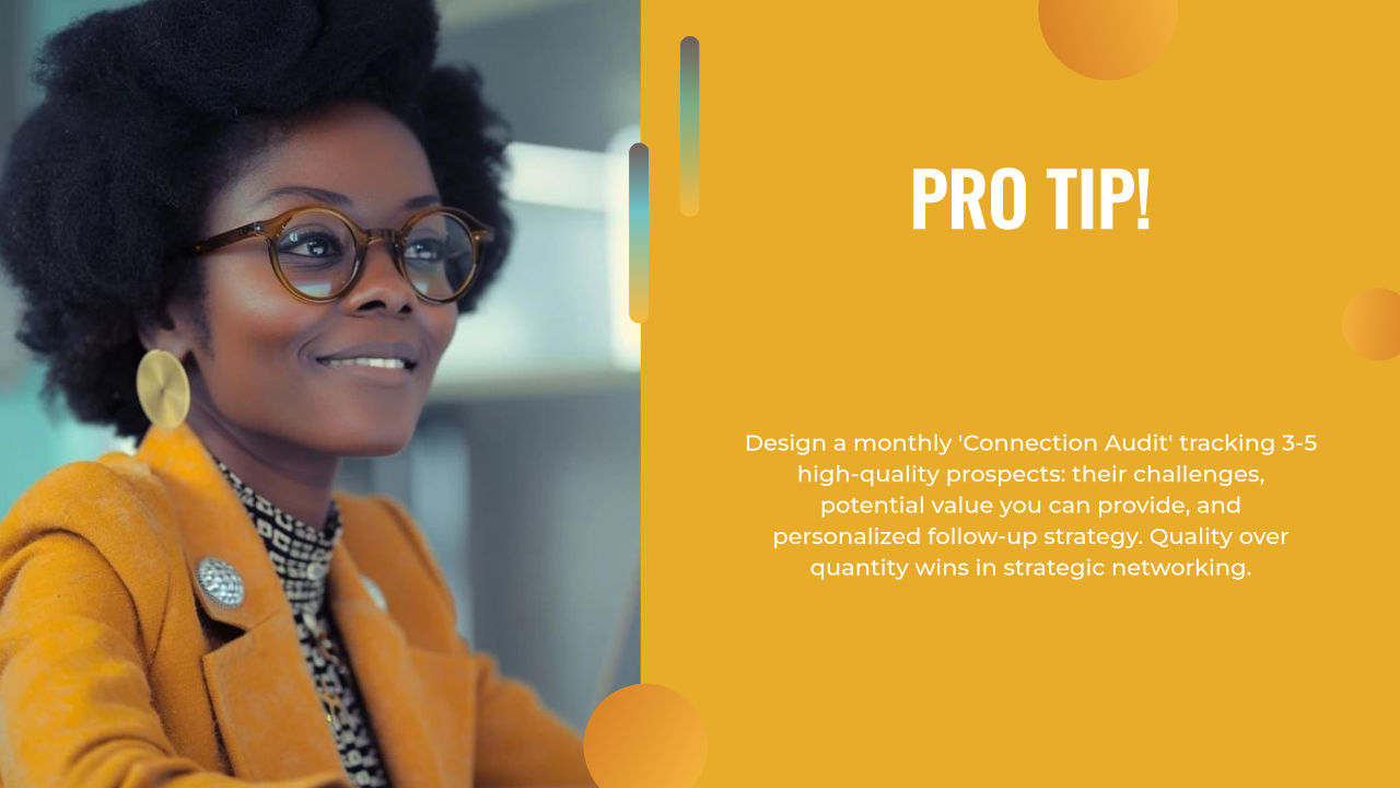 A woman in glasses and an orange jacket sits beside a yellow text area, offering insights into designing a monthly "Connection Audit" for strategic networking and successful lead generation for consultants.