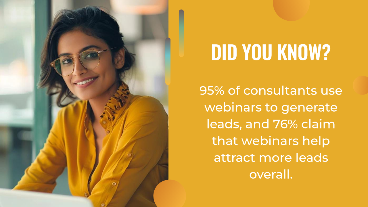 A smiling person in glasses, wearing a yellow shirt, stands beside a text box highlighting webinar statistics on successful lead generation for consultants.