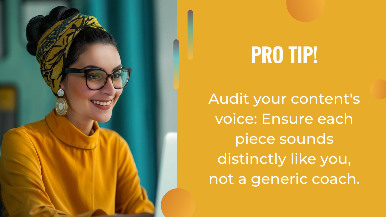 Woman wearing glasses and a patterned head wrap smiles at a laptop; text beside her reads: "PRO TIP! For effective lead generation for coaches, audit your content's voice: Ensure each piece sounds distinctly like you, not a generic coach.