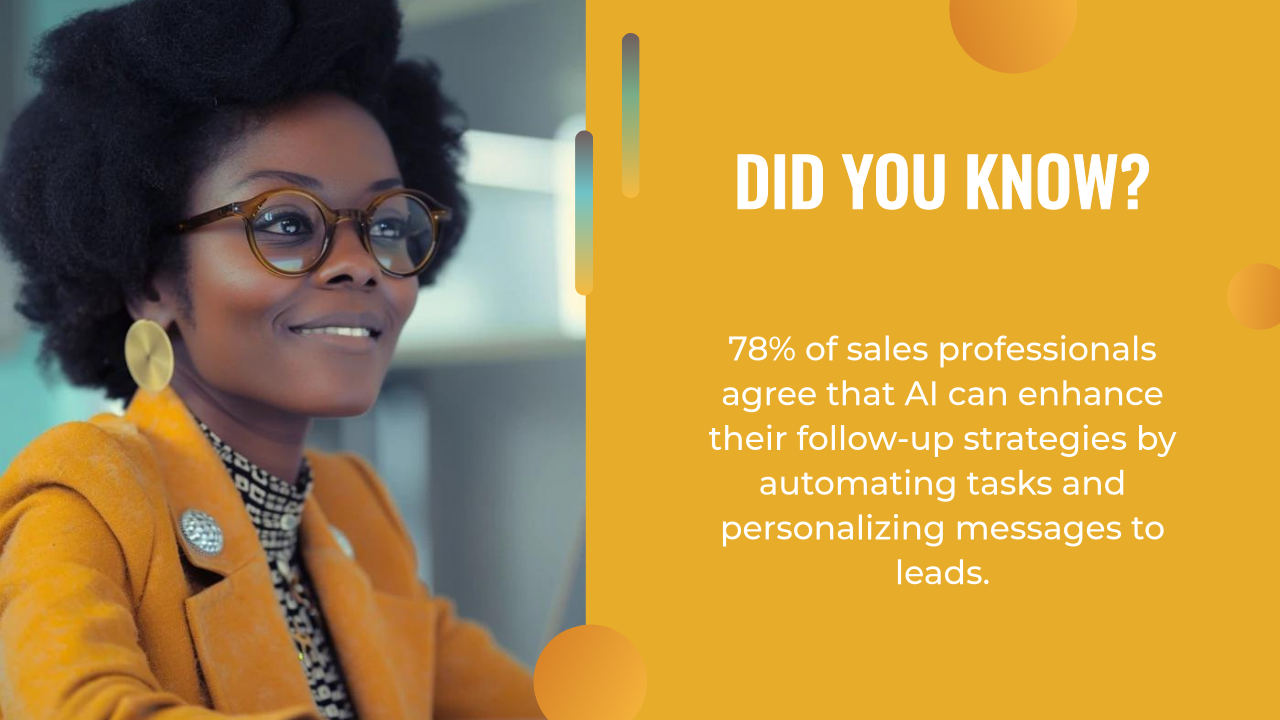 A person wearing glasses and an orange blazer stands beside a text box discussing how sales professionals can leverage AI to enhance follow-up strategies and take advantage of unique sign-up offers.