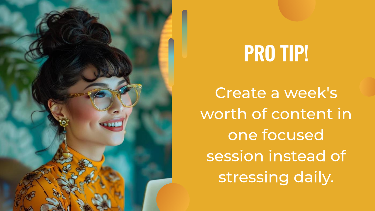 Woman wearing glasses and a floral top smiles at a laptop; text advises to use ai marketing tools to create a week’s content in one session instead of daily.
