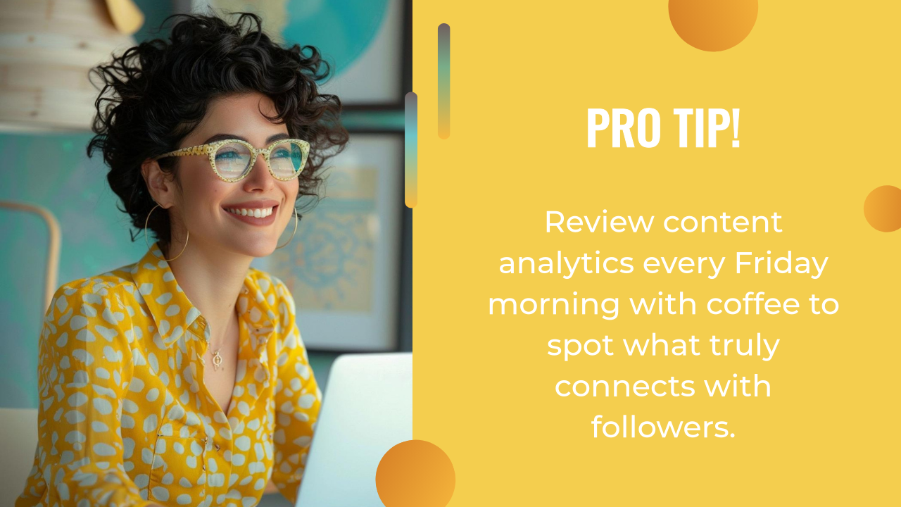 Smiling woman in glasses and yellow patterned shirt sits at desk with laptop; text suggests using an AI writing assistant to review content analytics on Friday mornings with coffee.