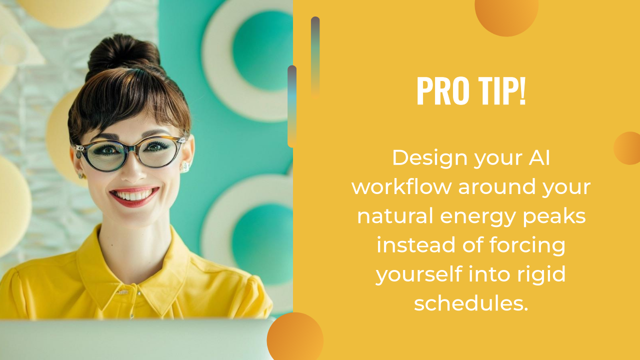 A smiling woman in glasses and a yellow shirt sits at a desk; beside her, text offers an ai marketing tip about aligning your workflow with natural energy peaks.