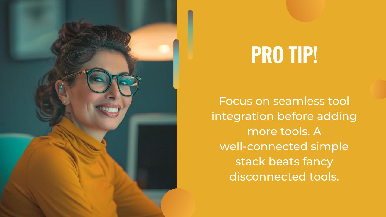 Smiling woman in glasses and yellow top sits at a desk; adjacent text shares advice on prioritizing seamless ai marketing automation integration over adding more disconnected tools.