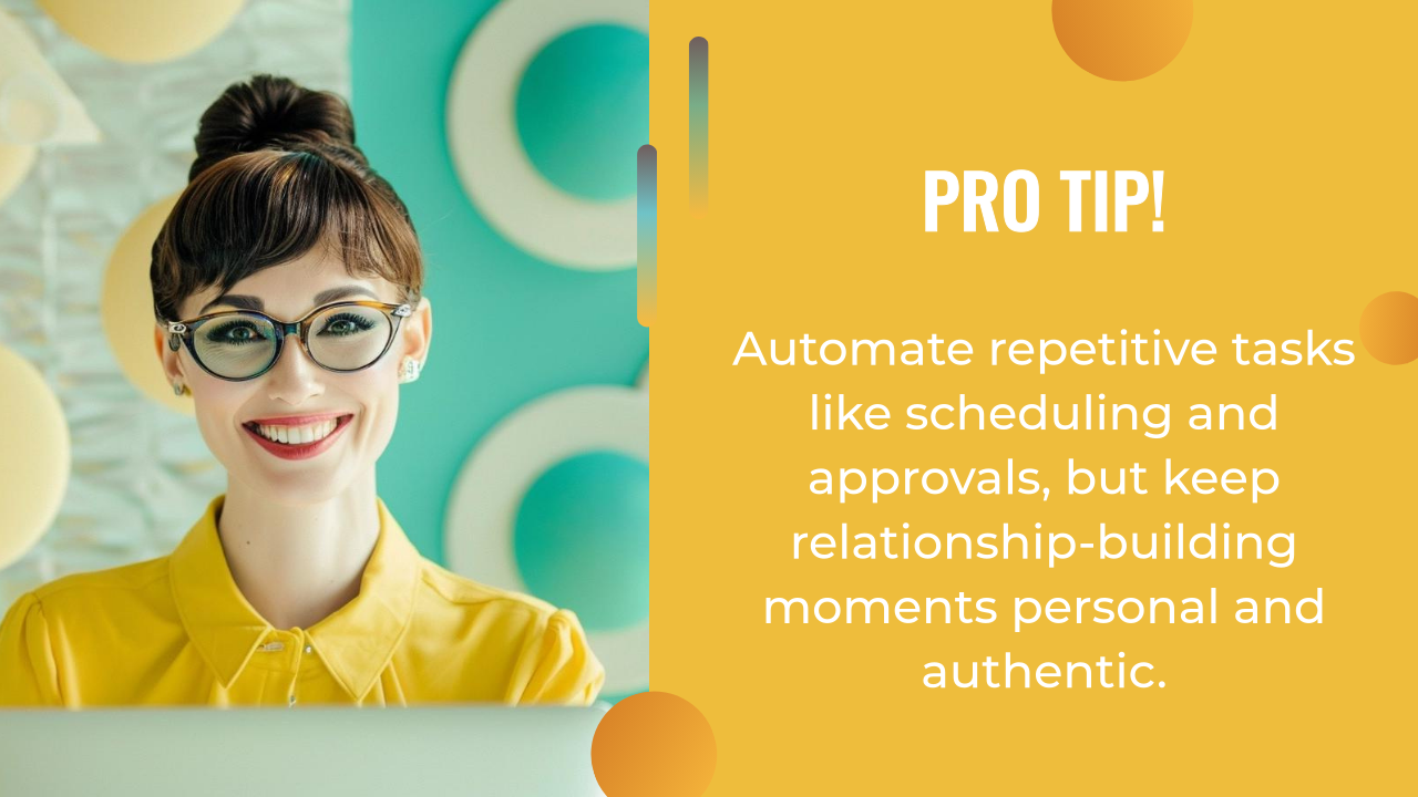 Woman wearing glasses and a yellow shirt smiles at a desk; text reads, "Pro tip! Use AI marketing to automate repetitive tasks, but keep relationship-building moments personal and authentic.