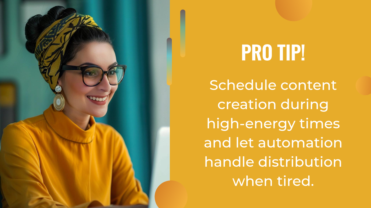 A woman in glasses and a yellow top smiles at a computer; text advises scheduling ai content creation for high-energy times and automating distribution during low-energy periods.
