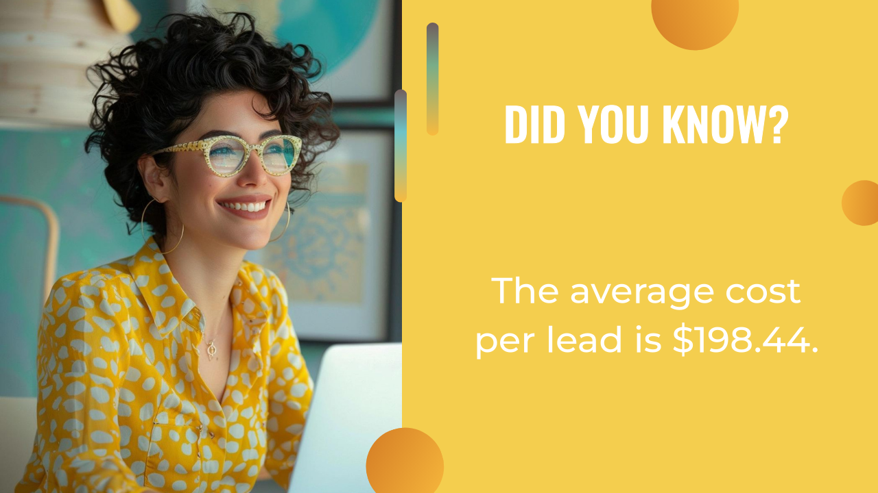 A woman wearing glasses and a yellow patterned shirt smiles at a desk. Text reads: "Did you know? The average cost per lead is $198.44—discover effective lead generation methods for coaches.