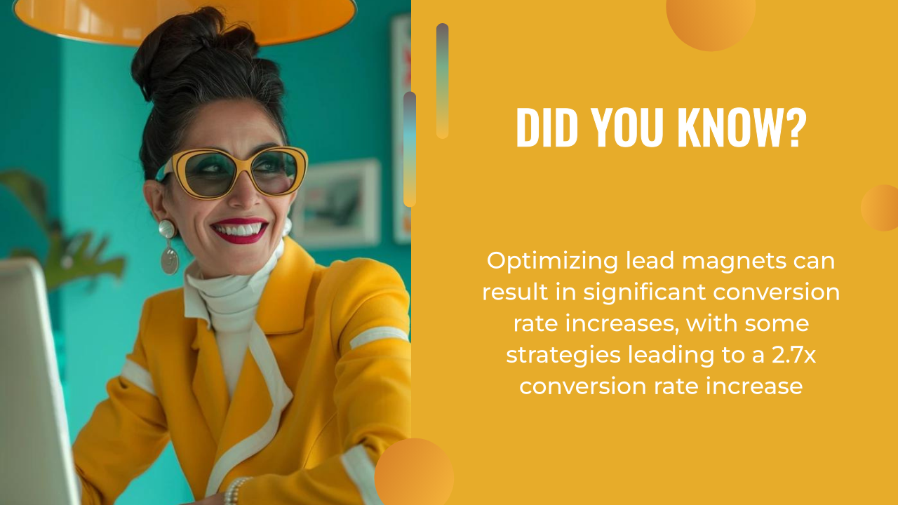 Smiling woman in yellow jacket and glasses works at a laptop; text beside her shares a marketing tip about using personalized content offers and customizing lead magnets to increase conversion rates.