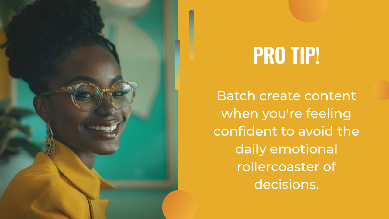 A woman in yellow glasses and a yellow blazer smiles; next to her, text suggests using ai content strategy for batch content creation when feeling confident to avoid the emotional rollercoaster of daily decisions.