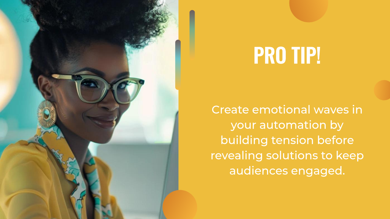 A woman with glasses and a patterned scarf smiles at a computer; accompanying text shares a tip about using emotional waves in ai marketing automation to engage audiences.