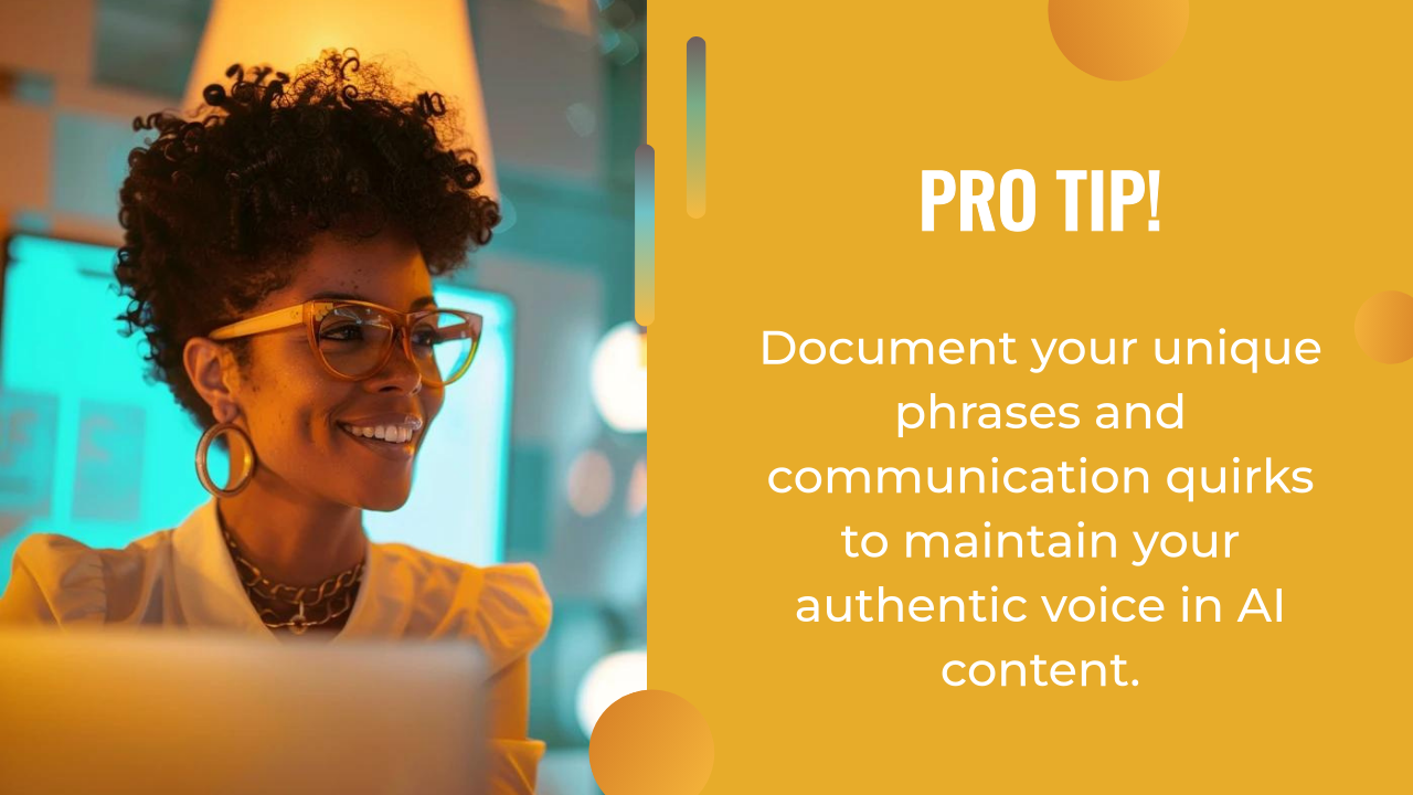 A woman with glasses smiles at a computer; text on the right reads, "Pro Tip! Use your AI writing assistant to document unique phrases and communication quirks, helping you maintain your authentic voice in AI content.