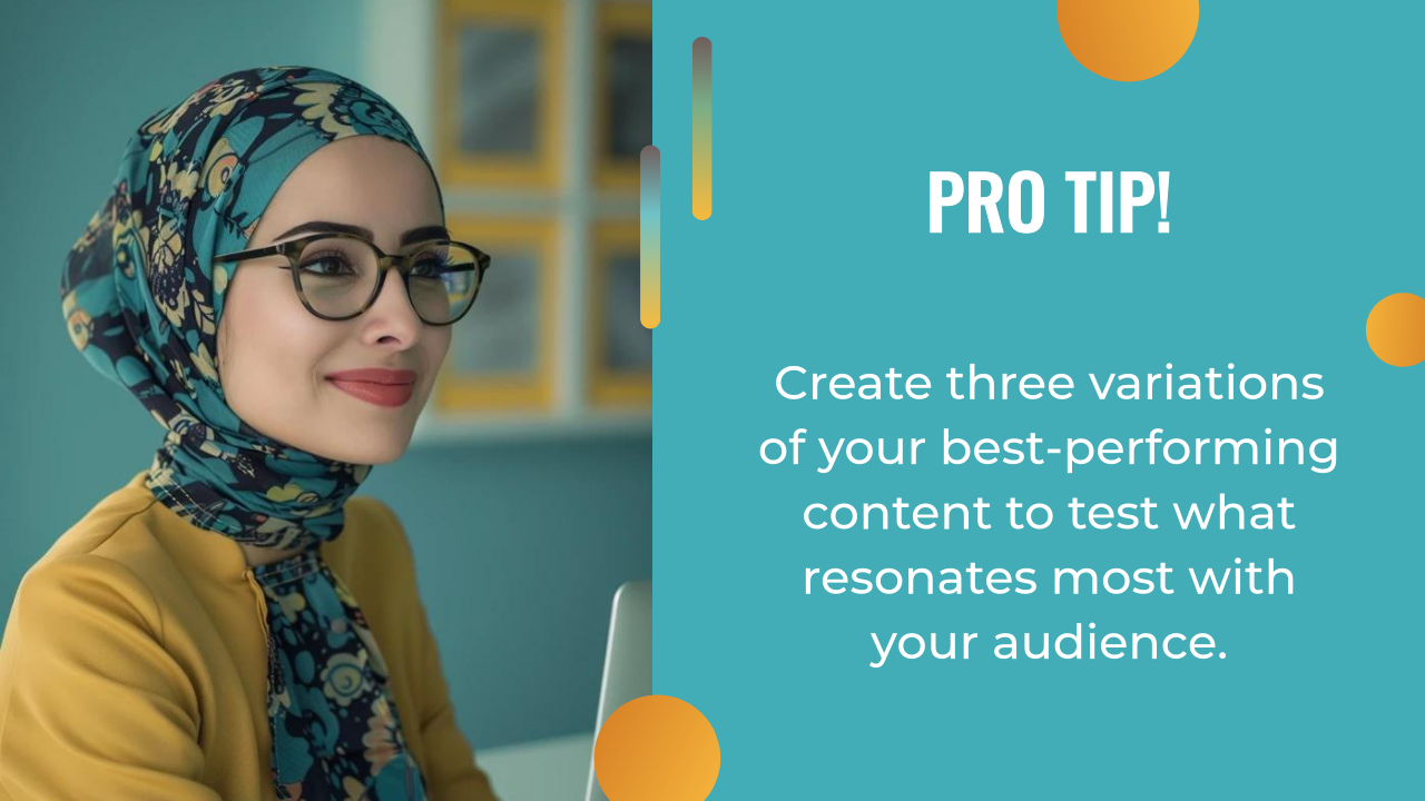 A woman in a patterned headscarf and glasses smiles at a computer; text beside her offers an ai content creation tip about testing different content variations.