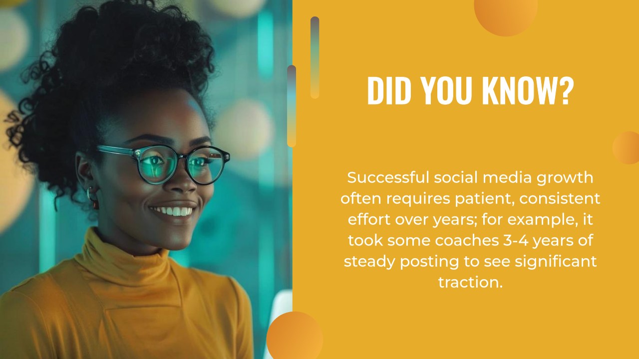 A woman in glasses and a yellow turtleneck smiles next to text about how social media growth, even with ai content creation tools, requires years of consistent effort to see significant traction.