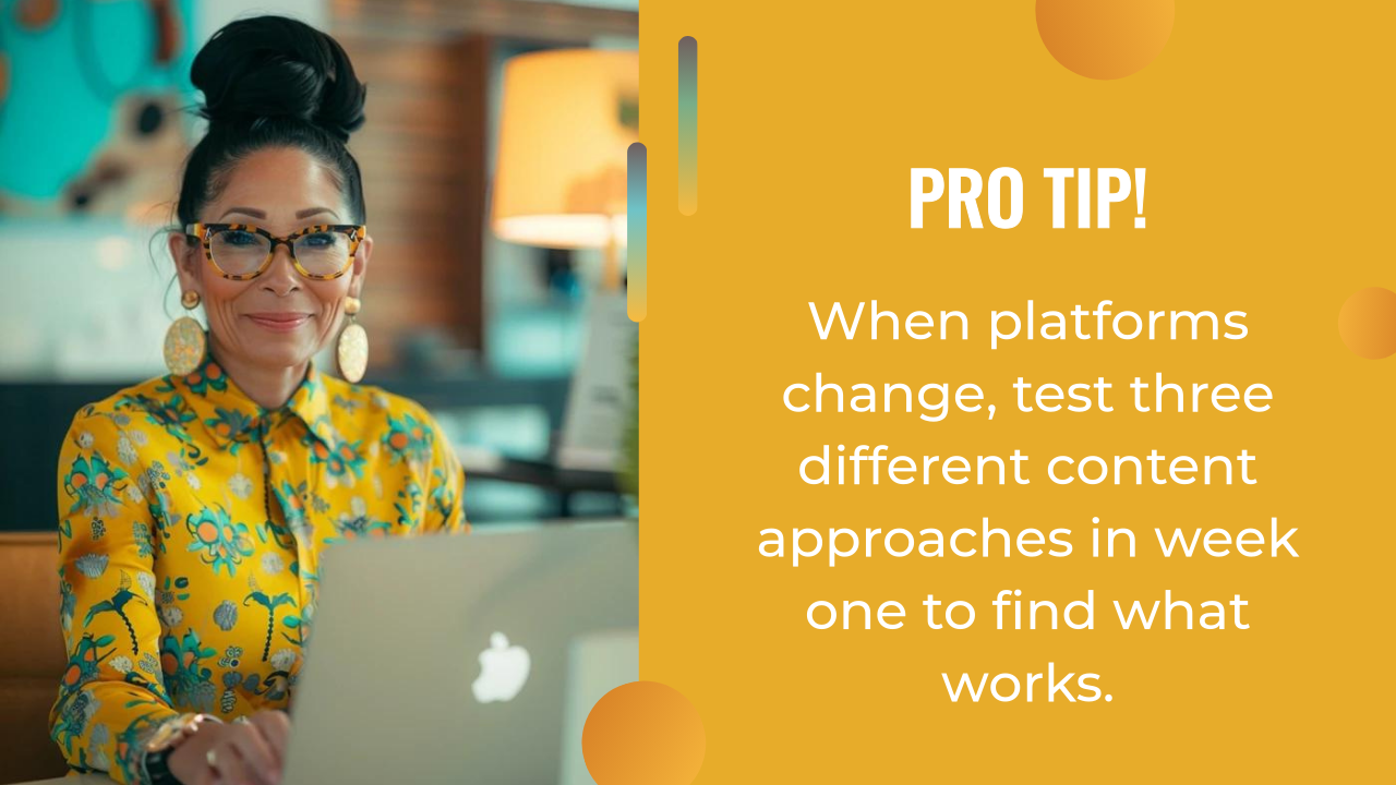 Woman in yellow floral top working on a laptop, with text advising to test three ai content creation approaches when platforms change to find what works.