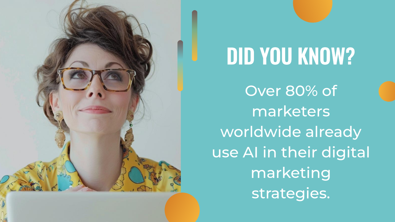 A woman wearing glasses looks up while sitting at a laptop; text beside her highlights that over 80% of marketers use AI content strategy in their digital marketing efforts.