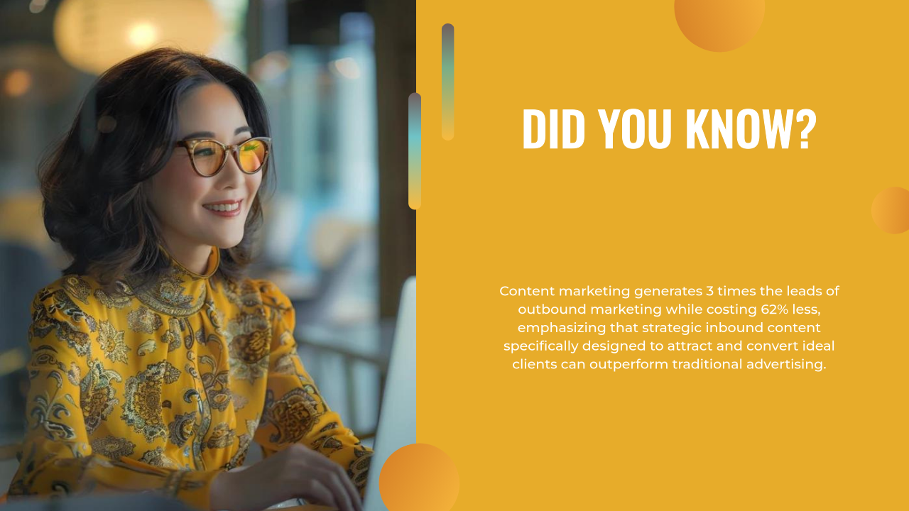 A woman in glasses and a yellow patterned top sits at a desk smiling, next to text about the efficiency of AI marketing and content marketing over traditional advertising.