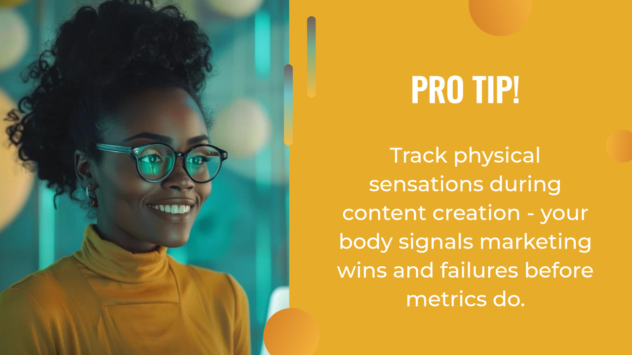 A woman in glasses and a yellow turtleneck smiles beside text that advises tracking physical sensations during content creation to identify ai marketing automation wins and failures.