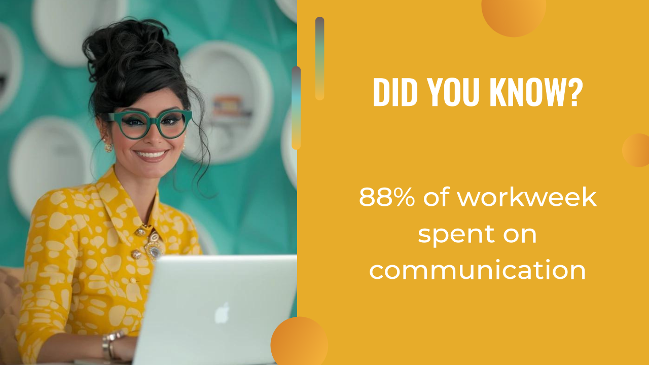 Woman in yellow blouse and large glasses sits at a laptop, highlighting that 88% of the workweek is spent on communication—an issue ai marketing automation could help streamline.