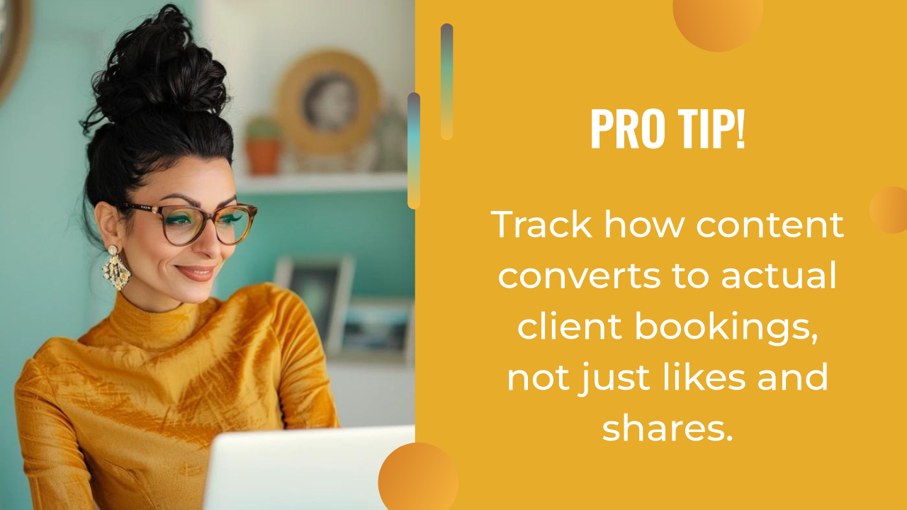 A woman with glasses and a bun works on a laptop. Text on the right reads: "Pro Tip! Let an AI writing assistant help track how content converts to actual client bookings, not just likes and shares.