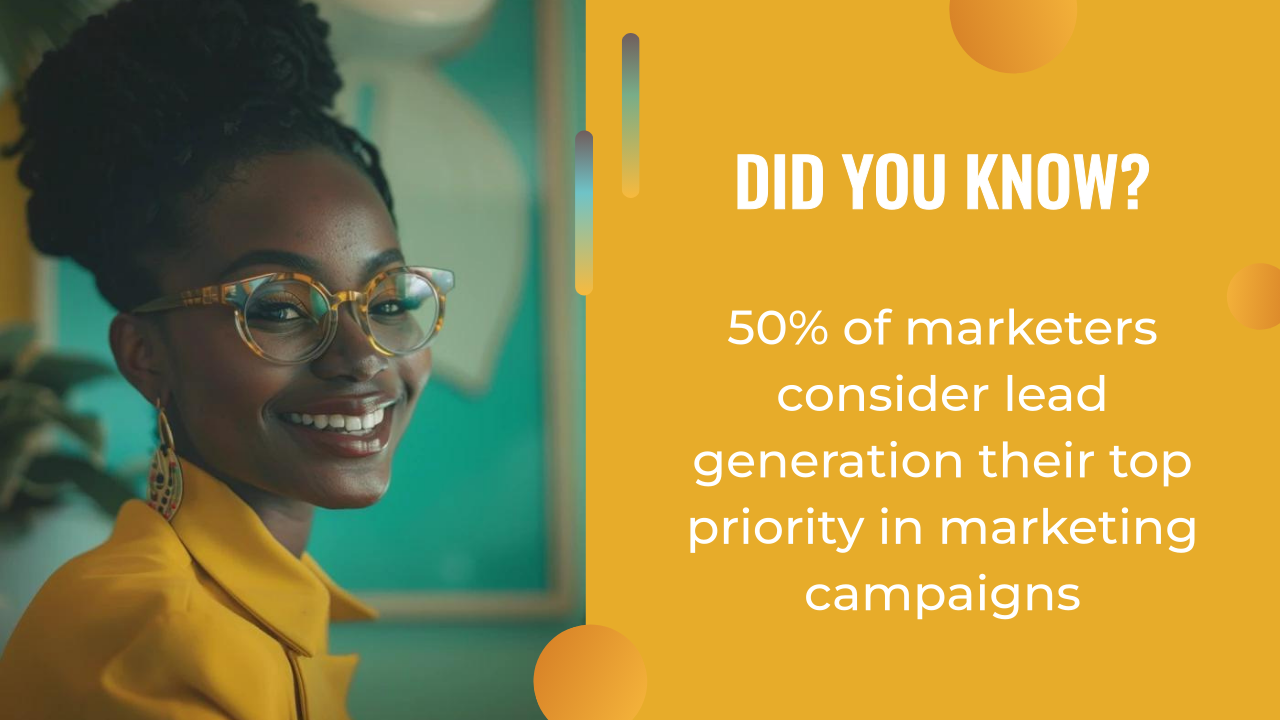 A woman in yellow glasses and a yellow blazer smiles next to a text stating, "50% of marketers consider lead generation their top priority in marketing campaigns—discover tips for generating coaching leads.