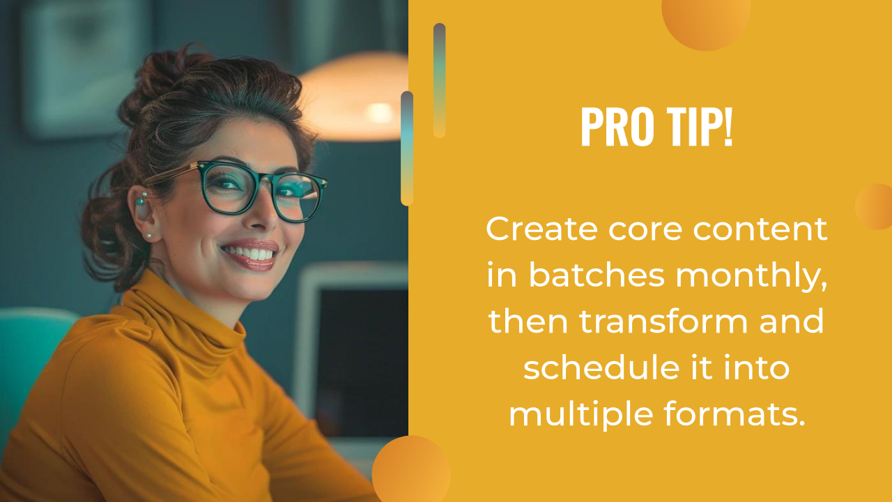 A woman wearing glasses and a yellow turtleneck smiles at the camera beside a text box sharing an AI content creation tip.